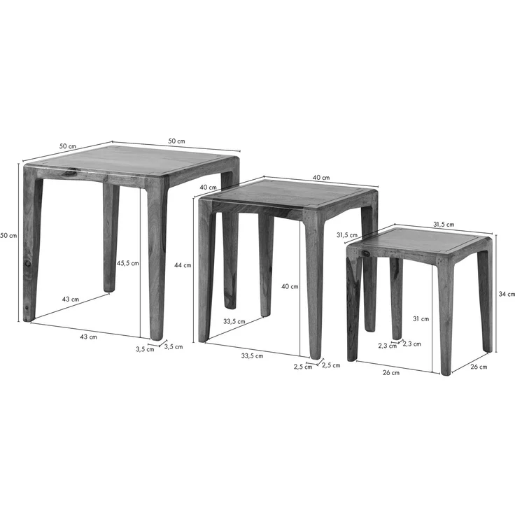 Beistelltisch 3er-Set Sheesham 50x50 / 40x40 / 31,5 x34 dunkelbraun lackiert ANCONA #251 – Bild 8