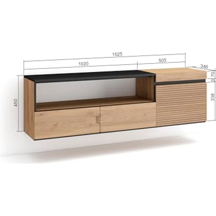 Skraut Home | TV-Schrank, Lowboard | für Wohnzimmer und Esszimmer | 150x45x35cm | Für TV-Geräte bis zu 65" | Hängend | Moderner Stil | Eiche – Bild 5