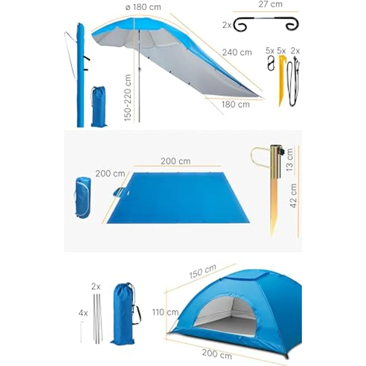 4smile Sonnenschirm Strand 6er-Set Blau – UV50+-Schutz, Ø 180 cm, mit großer Stranddecke (2 x 2 m), 2 x 1,5 m Strandmuschel, Sonnensegel Strand, Rasendorn für Sonnenschirm & robuster Schirmhülle – Bild 6