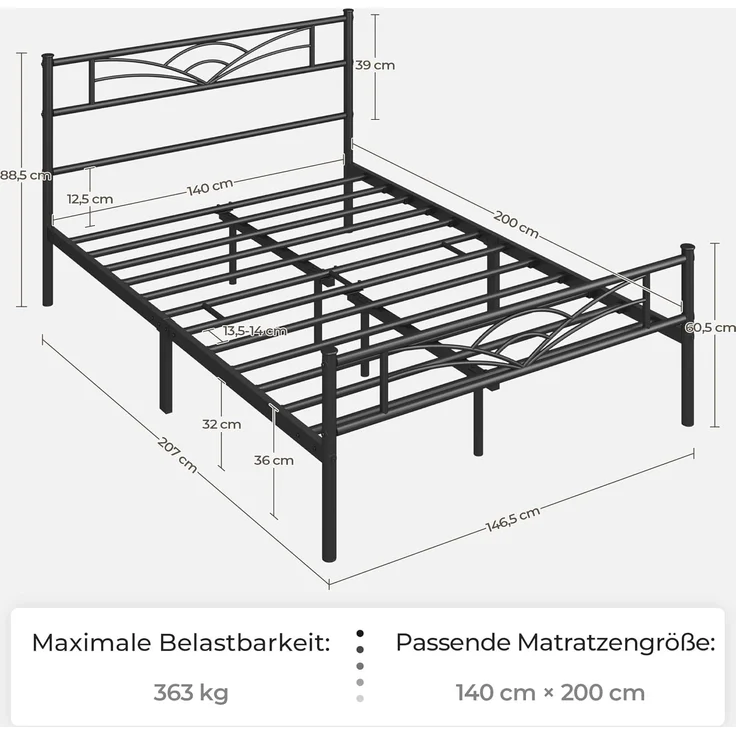 Yaheetech Metallbett mit Lattenrost, Wolkenmuster, Schwarz, 140x200 cm – Bild 5