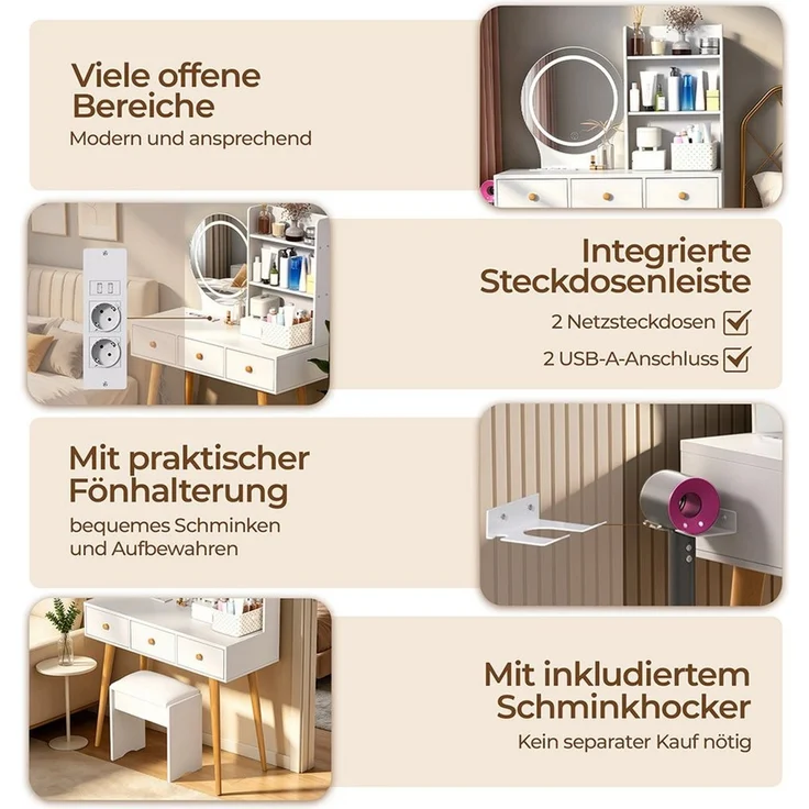 GLIESE Schminktisch mit Spiegel und Hocker Set mit 3 Farbtemperaturen & dimmbar (1-St, Frisierkommode, Schminkhocker), 2 Steckdose + 2 USB, mit 3 Schubladen + Föhnhalter, für Schlafzimmer – Bild 4