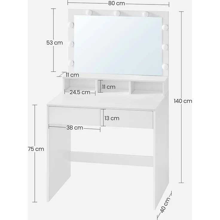 Vasagle Schminktisch mit 9 LED-Glühbirnen und Spiegel, Holz weiß, 140 x 80 x 40 cm – Bild 7