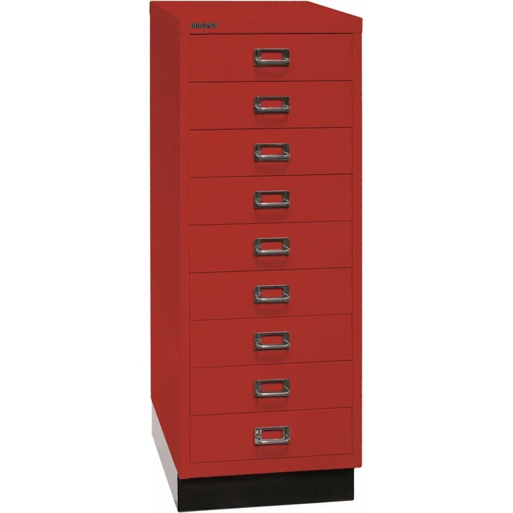 BISLEY Schubladenschrank aus Metall DIN A3 in kardinalrot mit 9 Schubladen und Sockel Büroschrank Werkzeugschrank, L39A39S-670