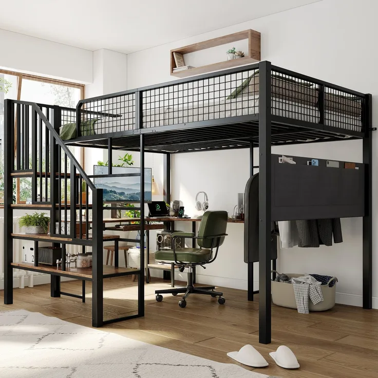 EINHOM Metallbett 140 x 200 cm in Schwarz, Hochbett mit L-förmigem Eckschreibtisch, Treppe, Tastaturauszug, Ladeanschluss und seitlicher Stofftasche (Ohne Matratze)