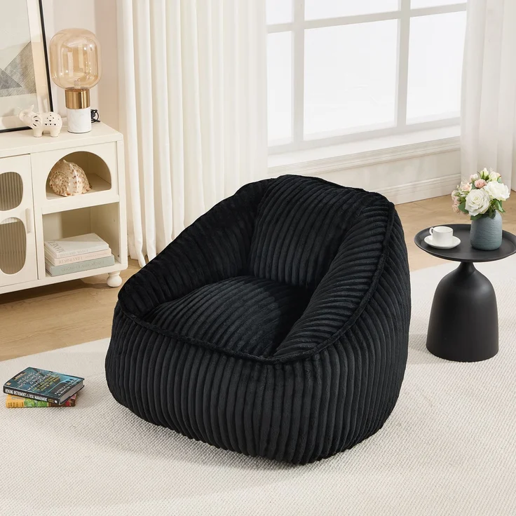 Wohnora-Bean Bag Stuhl mit Memory-Schaumstofffüllung, gestreifter Blasen-Plüsch, flauschig, gemütlich, gemütlicher Sofa für Wohnzimmer, Wohnungen und Schlafsäle,H 73cm x T 98cm x B 92cm,Schwarz – Bild 4