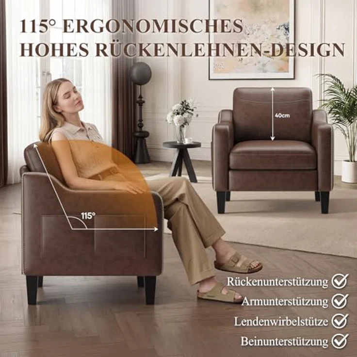 MALOL Sessel Wohnzimmer 2er Set, Ohrensessel Wohnzimmer, Polstersessel Fernsehsessel mit Armlehnen Einzelsofa, Fernsehsessel Relaxsessel，Lesesessel für Wohnzimmer Büro Schlafzimmer, Schokoladenbraun – Bild 6
