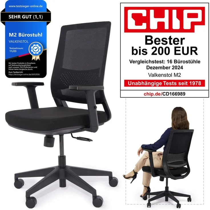 VALKENSTOL M2 Armstütze - Bürostuhl Ergonomisch Testsieger - 5 Jahre Garantie - Schreibtischstuhl ohne Kopfstütze - Computerstuhl – Bild 3