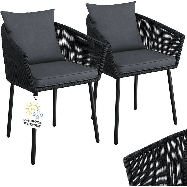 STEELSØN 'Nair' Polyrattan Gartenstuhl, 2er-Set, schwarz, wetterfest & UV-beständig, Balkonstühle bis 160 kg belastbar, Gartensessel inkl. Kissen – Bild 1