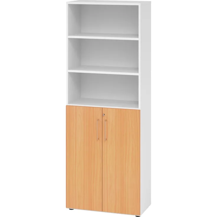 bümö Aktenregal & Schrank abschließbar, Büroschrank Regal Kombination Holz 80cm breit in Weiß/Buche - abschließbarer Schrank für's Büro & Arbeitszimmer, Büro Möbel Ordnerschrank, 968T3-W-6-BS