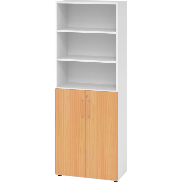 bümö Aktenregal & Schrank abschließbar, Büroschrank Regal Kombination Holz 80cm breit in Weiß/Buche - abschließbarer Schrank für's Büro & Arbeitszimmer, Büro Möbel Ordnerschrank, 968T3-W-6-BS