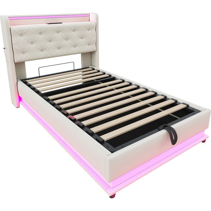 Polsterbett 90x200 cm aus Leinenstoff mit Stauraum und LED-Beleuchtung, ohne Matratze – Bild 8