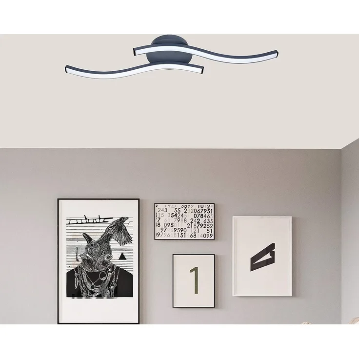 TRANGO LED Deckenleuchte, 3159B Design LED Deckenleuchte Serie *WAVE* 2 Flammen Leuchtenarm in Wellenform - Deckenlampe - Wandlampe 2x 5 Watt LED Modul - 2x 500 Lumen, 3000K warmweiß in modern & chic Anthrazit Schwarz