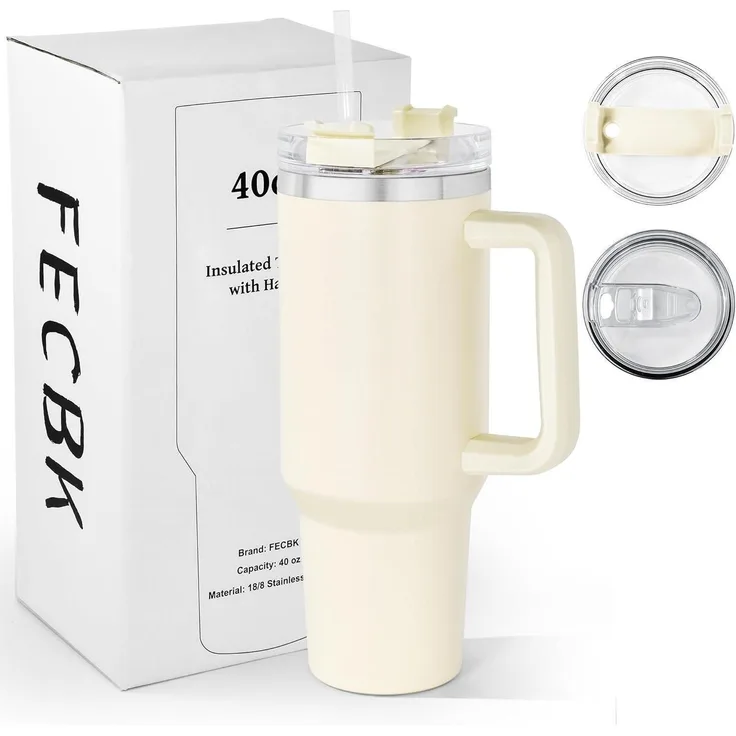 FECBK Thermobecher mit Strohhalm und Henkel 1,2L Vakuumisoliert Kaffeebecher