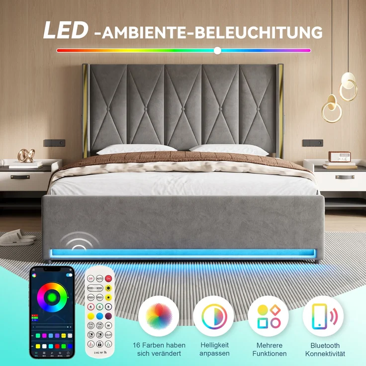 LVHOM Polsterbett mit Stauraum, Doppelbett mit LED, USB-Anschlüsse und Seitentaschen, Funktionbett, 180x200 cm, Grau – Bild 6