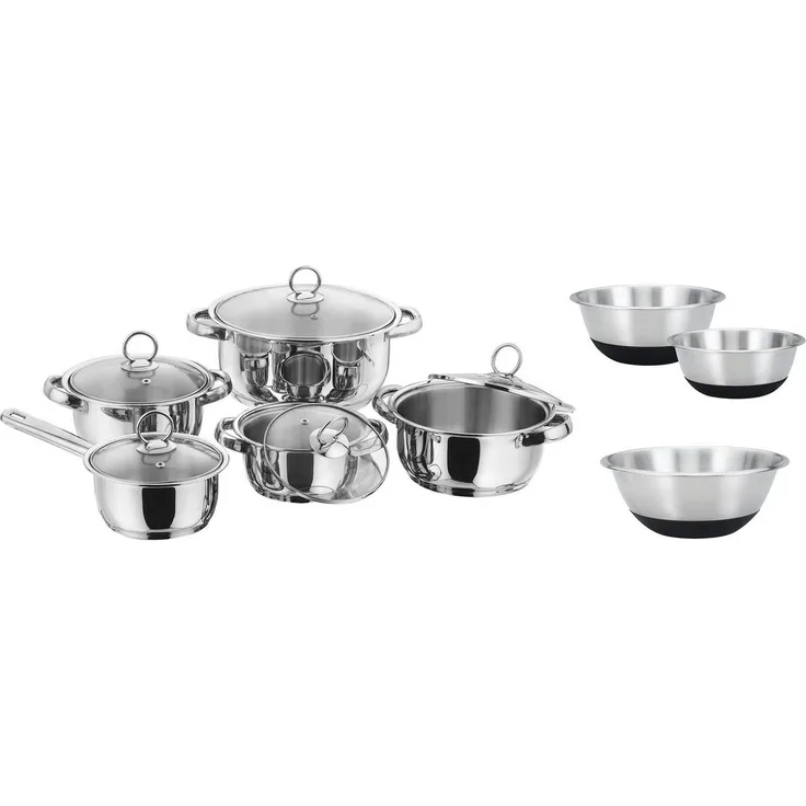 KING Topf-Set New Silver Line, Edelstahl (Set, 13-tlg, je 1 Kochtopf 16/18/20/24 cm, 1 Stieltopf 16 cm, 3 Edelstahlschüsseln), Induktion