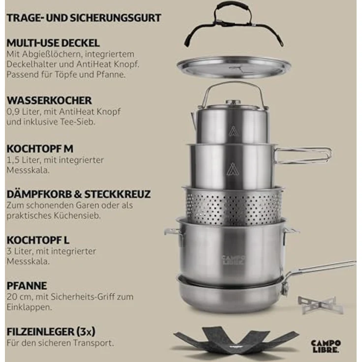 Campo Libre.® Enzo I Camping Kochgeschirr Set aus Edelstahl, induktionsgeeignet, 6-teilig mit Pfanne, Töpfen und Dämpfkörbchen, stapelbar – Bild 4