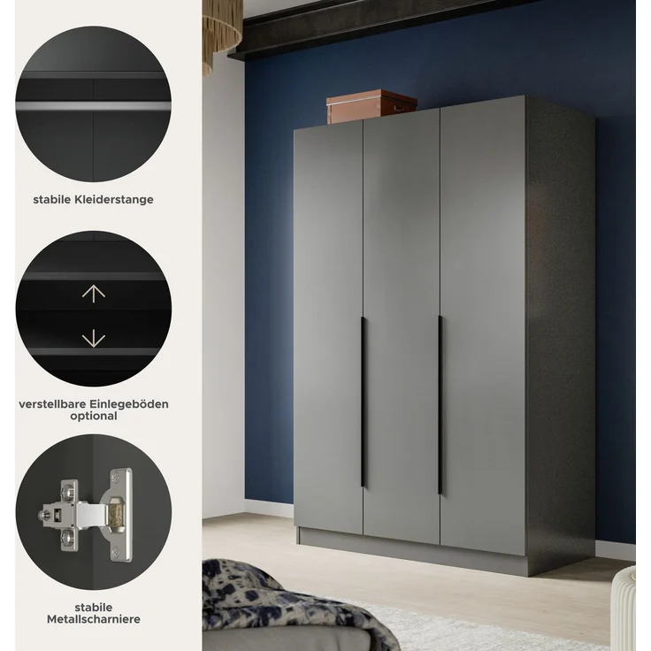 Kleiderschrank 3-türig (B/H/T: 120x180x52 cm) in anthrazit – Bild 7