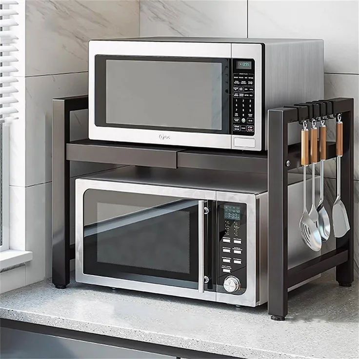OKWISH Küchenregal Mikrowellenregal Bäckerregal Gewürzregal mit 6 Haken, 2-Stufiges Ausziehbar arbeitsplatte Bäckerregale verstellbar 40-64cm 1-tlg, Füße für Küche Kleiderschrank Bad Garage Büro