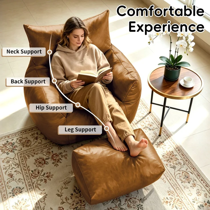 Doppel-Sitzsack mit Fußhocker, weicher Loungesitz mit Memory-Schaumflocken ohne Montage für Wohn- und Schlafzimmer, Braun – Bild 3
