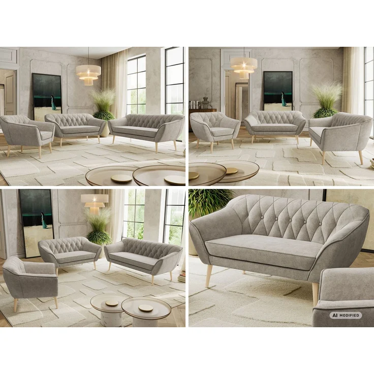 Wohnzimmerset PIRS 1-2-3, Skandinavisches Komplettset, Wellenfederung, Buche Füße, Sitzgruppe, Möbelset - Beige Stukture – Bild 2