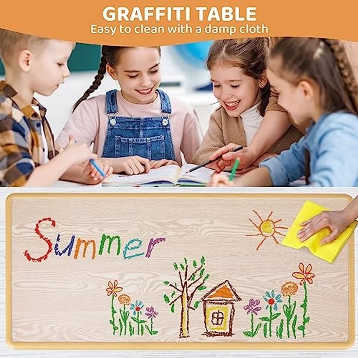 Clevich Kindertisch mit 6 Stühlen,Kinder Tisch Stuhl Set für Kindergarten und Kinderzimmer,Kindertischgruppe Höhenverstellbar,Plastik Kindermöbel,Sitzgruppe für Jungen Mädchen,Gelb – Bild 4