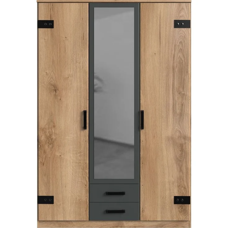 Kleiderschrank mit Spiegeltür EVERTON-43 in Plankeneiche mit Absetzungen in Graphit, B x H x T ca. 135 x 198 x 58cm – Bild 2