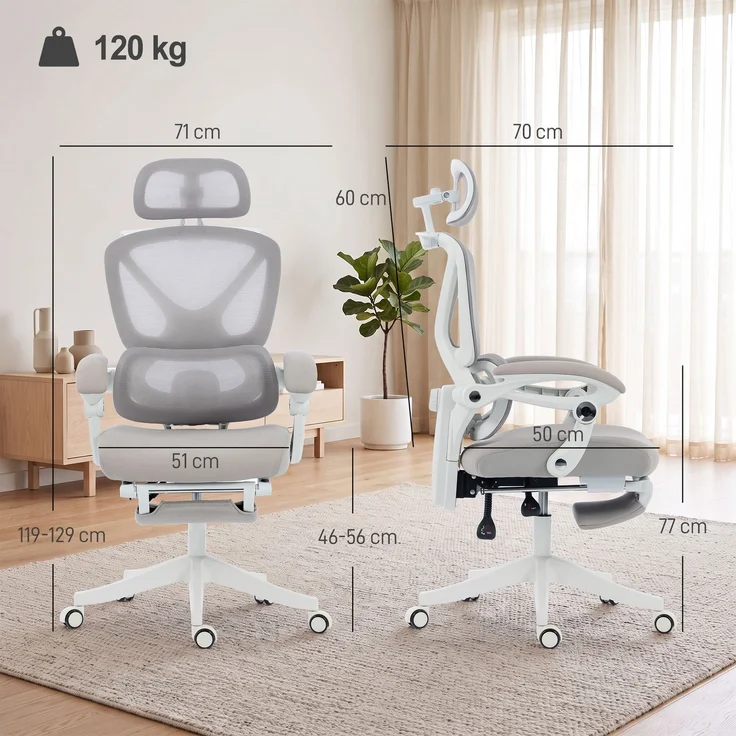 Wohnora-Bürostuhl, Ergonomischer Schreibtischstuhl mit Fußstütze, Wippfunktion, Armlehne, Netzstoff, Grau,H 1290cm x T 700cm x B 440cm,Hellgrau – Bild 5