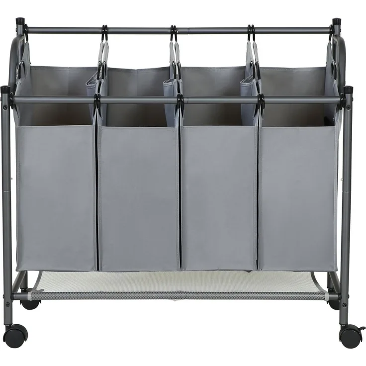 Songmics Wäschesammler auf Rollen mit 4 Fächern, Polyester Schwarz, 67/81 x 87,5 x 38,5 cm