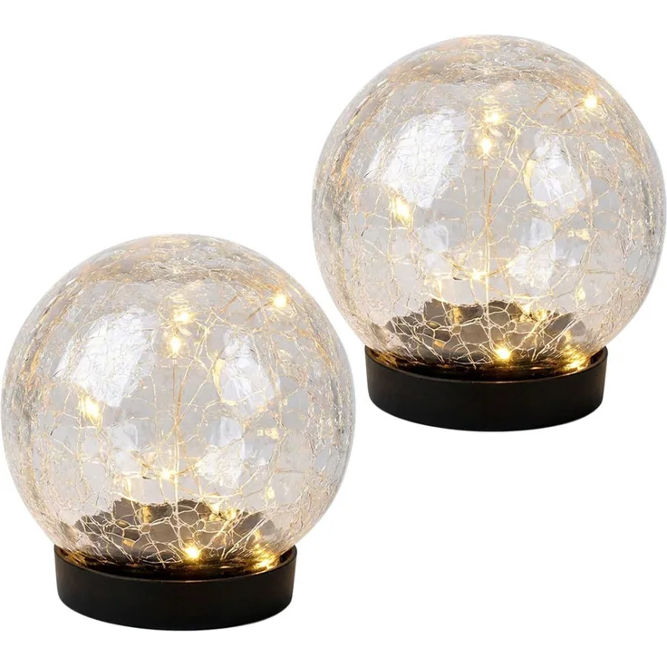 2x LED Solarleuchte, Kugel, Bruchglasoptik, Glas, IP44, Akku, D 12 cm