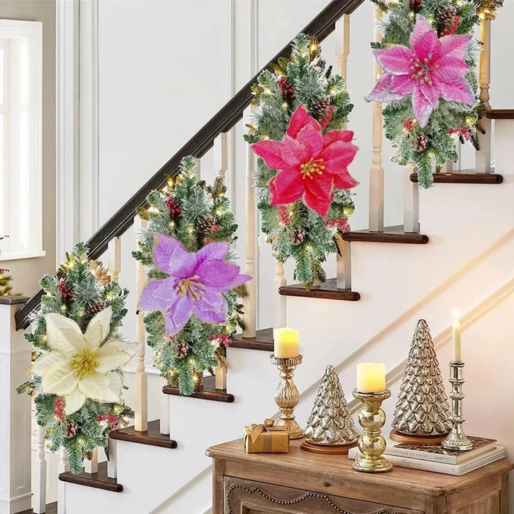 24x Weihnachtsstern Künstliche Blumen Set in Rot Gold Blau Rosa Glitzer – Bild 6