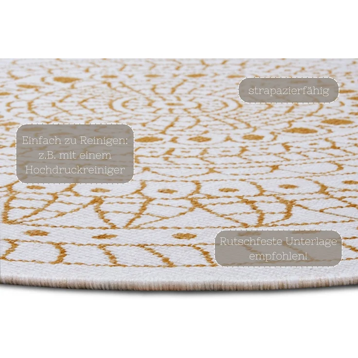 Northrugs Porto In- und Outdoor Teppich Rund – Runder Wendeteppich Wasserfest Mandala Design Flachgewebe Teppich Wetterfest für Balkon, Terrasse, Garten, Wohnzimmer in Ocker, ⌀100cm – Bild 2