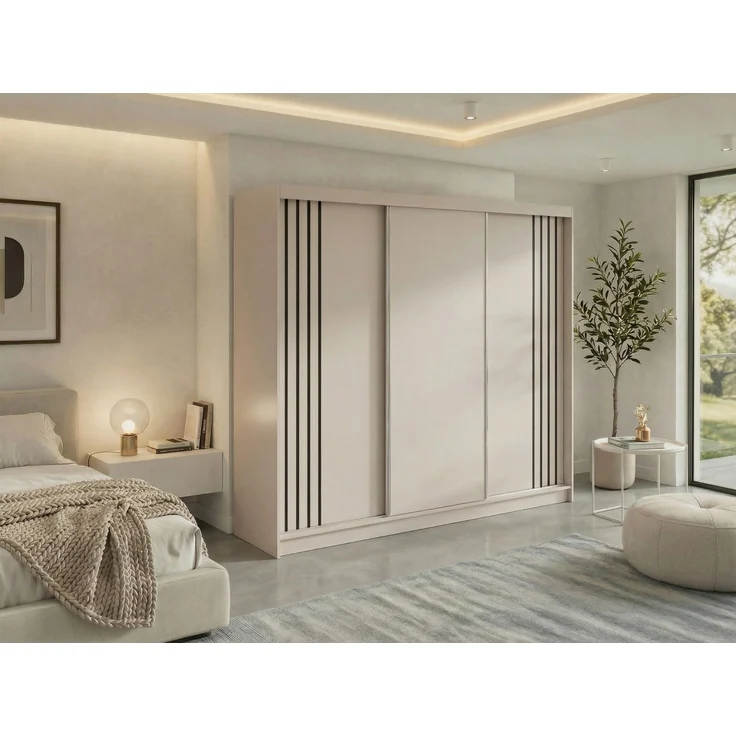 Schwebetürenschrank NAURU mit Lamellen-Optik, moderner Kleiderschrank, Breite 240 cm, inkl. Innenausstattung & Stauraum, Akustikpaneel-Design - Kaschmir und Schwarz - mit Schubladen – Bild 1