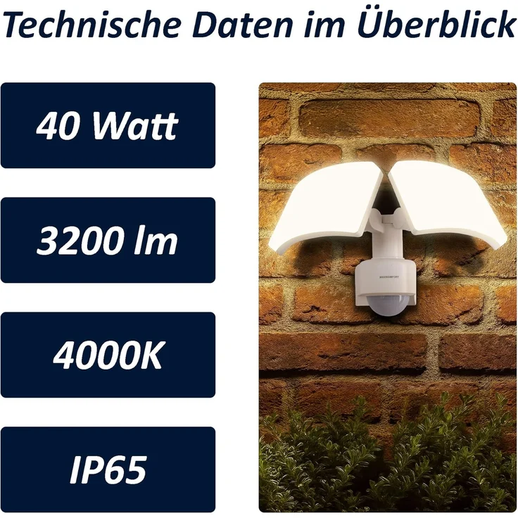 Maxkomfort LED Flutlichtstrahler SUN3200, LED fest integriert, 4000K, Neutralweiß, Außenstrahler – Bild 2