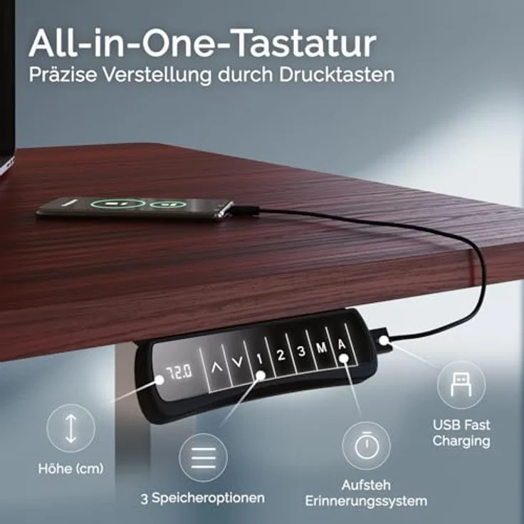 DESQUP DESKSPACE PRO Plus Elektrisch Höhenverstellbarer Schreibtisch, 160x80 cm Mahagoni Tischplatte, Ergonomisches Stehpult mit Memoryfunktion, Ladebuchse & Kollisionsschutz, Weißes Gestell – Bild 4