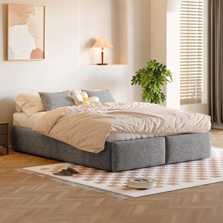 SOFTWEARY Futonbett mit Bettkasten, Lattenrost und Schubladen (140x200 cm), Bezug aus Leinen