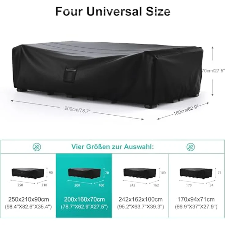 BROSYDA Schutzhülle Gartenmöbel (200 x 160 x 70 cm), Gartenmöbel Abdeckung Wasserdicht 600D ,mit Großem Lufteinlass, Gartenmöbel Abdeckung für Sofa, Tisch, Stühle, Gartentische Terrassenmöbel – Bild 8