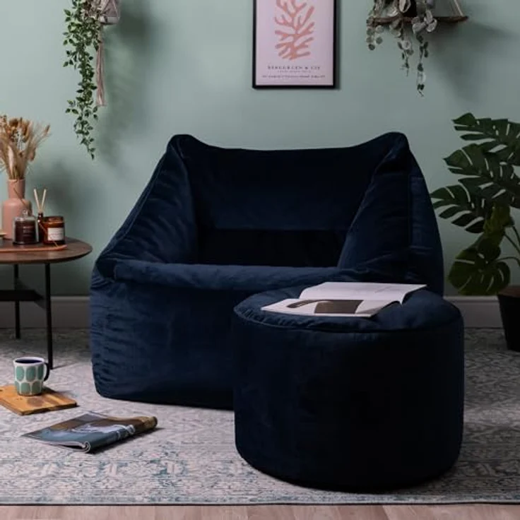 Icon Natalia Sitzsack Sessel mit Sitzpuff für Erwachsene, Dunkelblau, Flauschiger Samtstoff, Riesen Sitzsack Samt mit Füllung, Bean Bag Chair, Bequemer Sessel Wohnzimmer, Lounge, Schlafzimmer, Büro – Bild 5