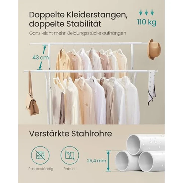 SONGMICS Kleiderständer auf Rollen, Garderobenständer aus Metall, Garderobenstange, Kleiderstange ausziehbar, höhenverstellbar, mattweiß HSR012W01 – Bild 5