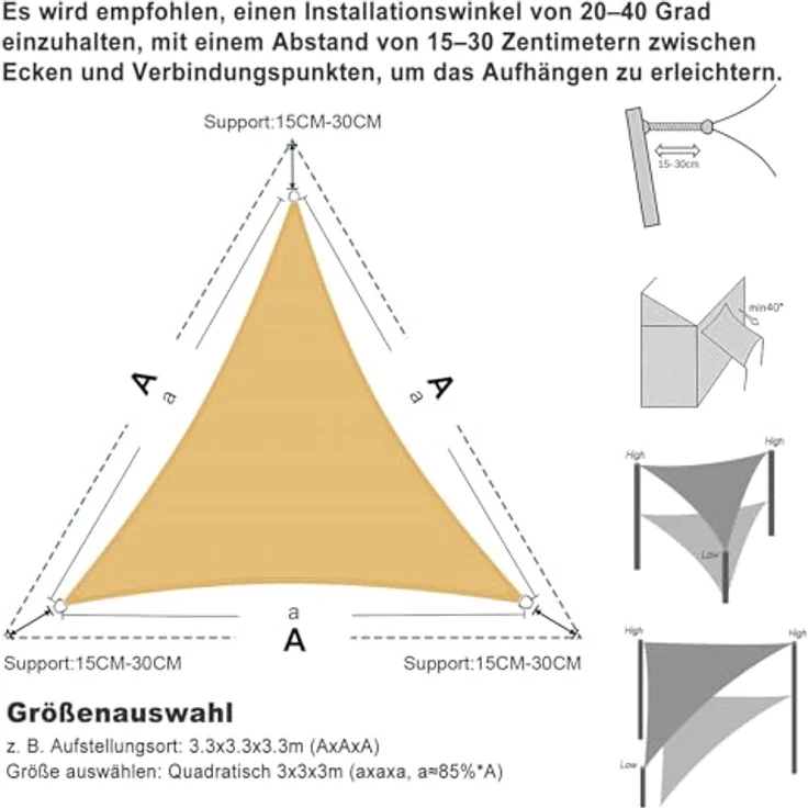 SUNNY GUARD Sonnensegel Wasserdicht 3.5x3.5x3.5m Dreieckig Sonnenschutz Wetterschutz Segel Baldachin UV Schutz für Balkon Terrasse Garten, Dunkler Sand – Bild 5