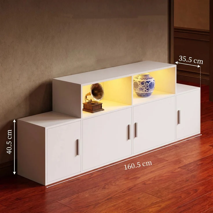 Halupeit Weißer TV-Ständer mit vier Schränken und zwei offenen Regalfächern, verstellbarer LED-Beleuchtung, 160,5 cm × 35,5 cm × 56,5 cm – Bild 4