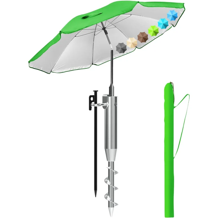 Menz Sonnenschirm Strand 3-in-1 Set Ø180 cm Grün - Strandschirm windfest stabil mit UV50+ Sonnenschutz, Eindrehbodenhülse Sonnenschirm & Schutzhülle – höhenverstellbar & neigbar
