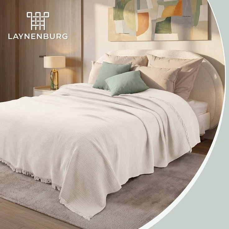 Laynenburg Tagesdecke Musselin mit Fransen aus 100% Baumwolle – Baumwolldecke, Wohndecke als Sommerdecke, Bett-Überwurf, Sofa-Decke, Kuscheldecke – Bild 2