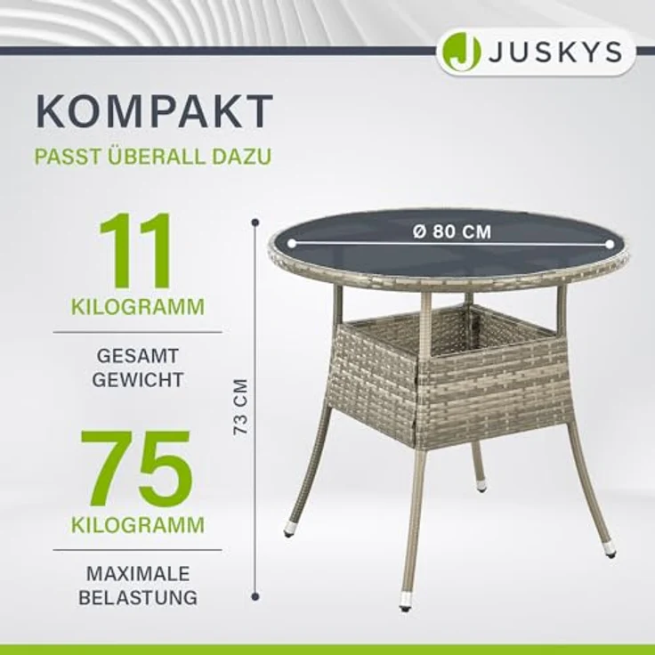 Juskys Polyrattan Gartentisch Yoro wetterfest - Balkontisch Ø 80 cm rund - Rattan Beistelltisch mit Glasplatte - kleiner Tisch für Balkon - Grau – Bild 3