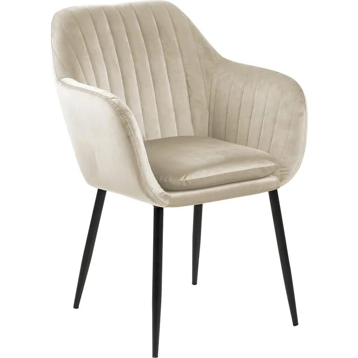AC Design Furniture Wendy Esszimmerstuhl aus Samt, moderner, nordischer Stil, gepolsterter Esszimmerstuhl mit Armlehne, Sandfarbe, schwarze Metallbeine, vertikale Nähte, Esszimmerstuhl für Esszimmer