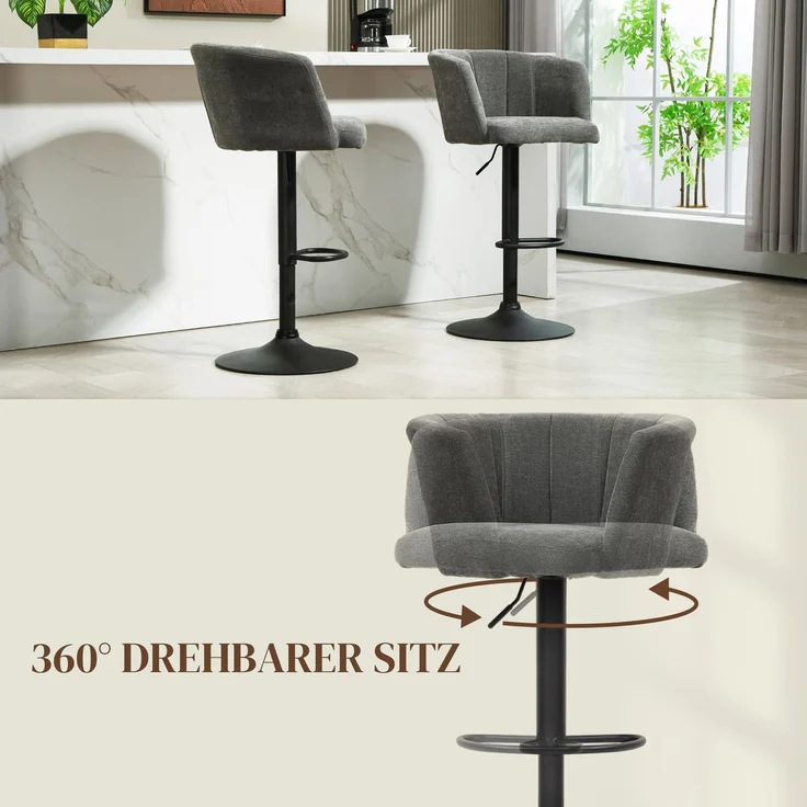 Barhocker 2er-Set, Schalenrücken, höhenverstellbar, Fußstütze, für Küche oder Esszimmer, Metallbasis, Dunkelgrau--Dunkelgrau--110x53x59cm--YOUDENOVA – Bild 8