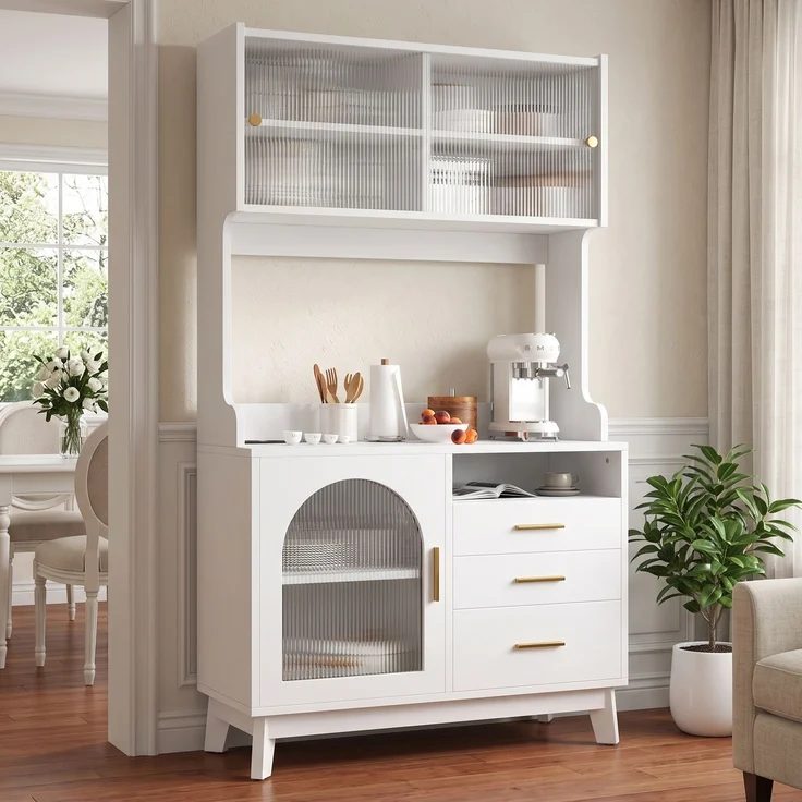 EINHOM Buffetschränke, Esszimmer-Hochschrank 100.5 x 40 x 178 cm, Mehrstufigem Stauraum, Integrierter Steckdose sowie USB-C- und USB-A-Anschlüssen, Weiß – Bild 3