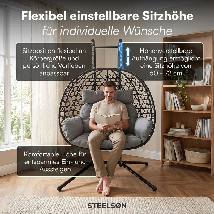 STEELSØN 'Sarin' Doppelhängesessel mit Metallgestell, höhenverstellbar und faltbar, wetterfest, Polyrattan, dunkelgrau/schwarz, bis 220 kg belastbar, inkl. Kissen – Bild 4