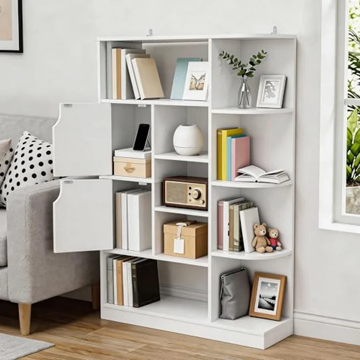 YITAHOME Freistehendes Bücherregal mit 9 offenen Regalböden und 2 Türen (Stoffbezug) für Wohnzimmer, Schlafzimmer, Büro, Weiß, 80 × 24 × 120 cm (B × T × H) – Bild 2