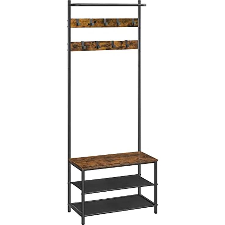 Vasagle Garderobenständer mit 9 abnehmbaren Haken und Sitzbank, Holzwerkstoff vintagebraun / schwarz, 32,2 x 64 x 180 cm – Bild 2
