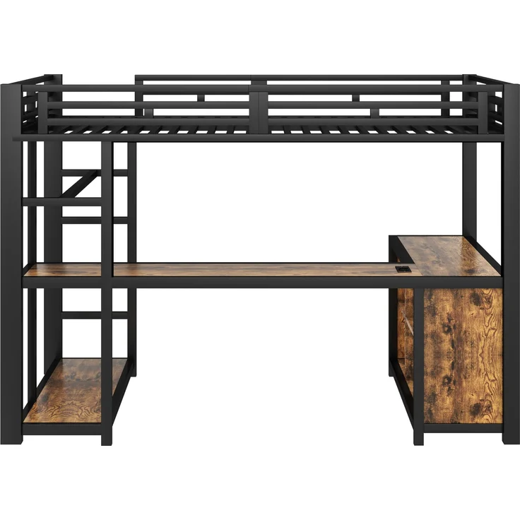 U-life Metall-Hochbett, Etagenbett, Loftbett, 140x200 cm, für Schlafzimmer, Jugendzimmer, kleine Wohnungen, mit integriertem Arbeitsbereich, LED-Beleuchtung, USB-Anschlüssen, viel Stauraum, offenem Kleiderschrank, sicherer Treppe, MDF + Metall, modern,... – Bild 6